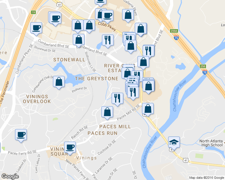 map of restaurants, bars, coffee shops, grocery stores, and more near 3275 Stillhouse Rd SE in Atlanta