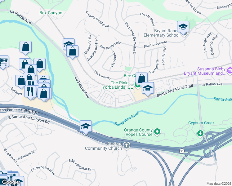 map of restaurants, bars, coffee shops, grocery stores, and more near 5812 Old Village Road in Yorba Linda