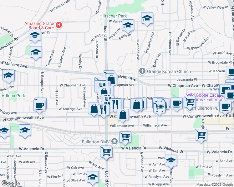 map of restaurants, bars, coffee shops, grocery stores, and more near 312 North Roosevelt Avenue in Fullerton