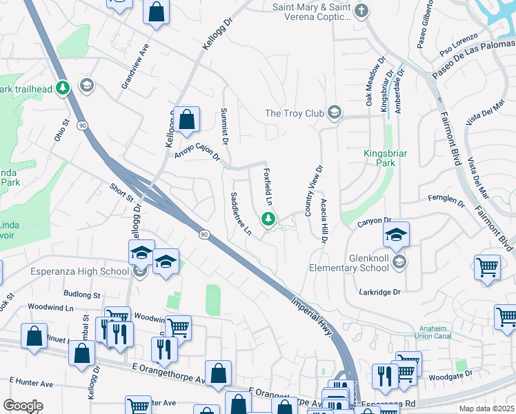 map of restaurants, bars, coffee shops, grocery stores, and more near 6112 Sandy Hill Lane in Yorba Linda