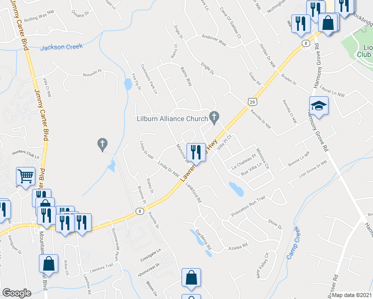 map of restaurants, bars, coffee shops, grocery stores, and more near 213 Triple Oaks Drive in Tucker