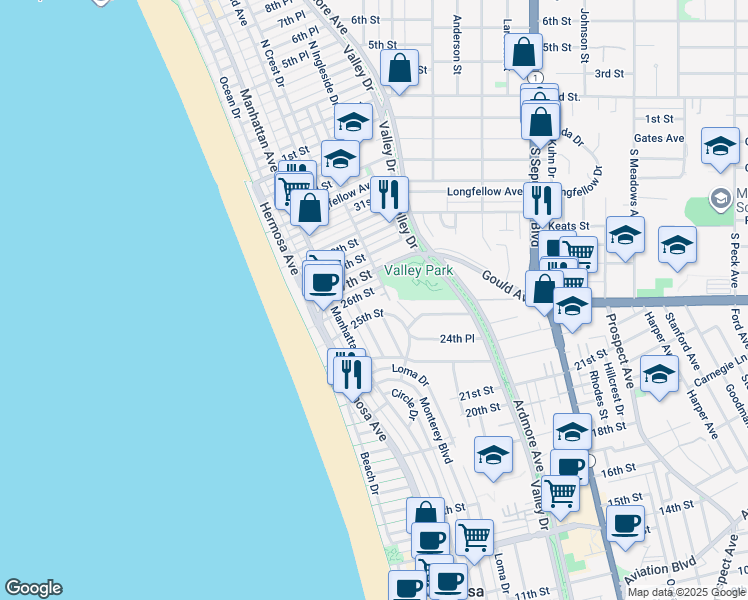 map of restaurants, bars, coffee shops, grocery stores, and more near 26th Street in Hermosa Beach