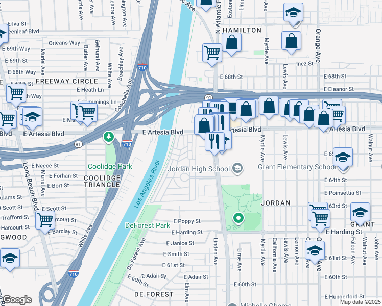 map of restaurants, bars, coffee shops, grocery stores, and more near 6475 Atlantic Avenue in Long Beach