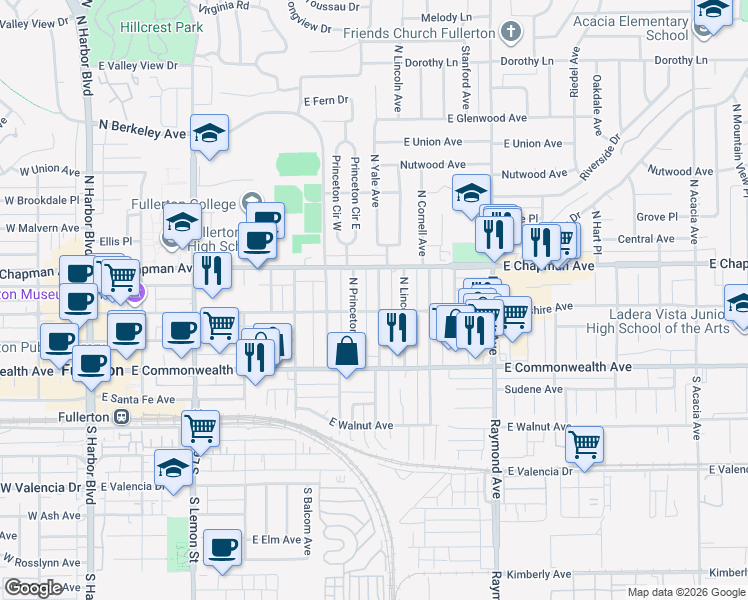 map of restaurants, bars, coffee shops, grocery stores, and more near 209 North Yale Avenue in Fullerton