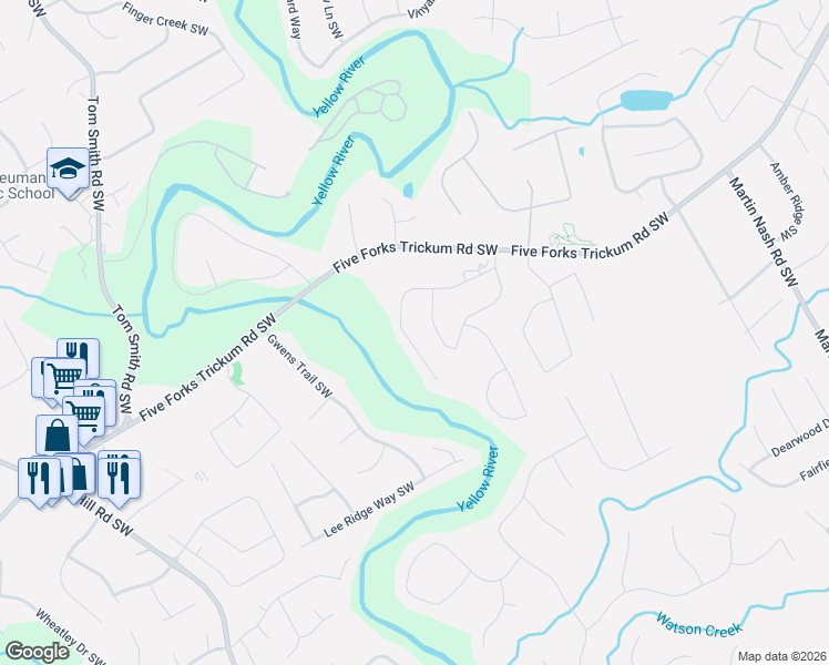 map of restaurants, bars, coffee shops, grocery stores, and more near 3760 Terrasol Trail Southwest in Lilburn