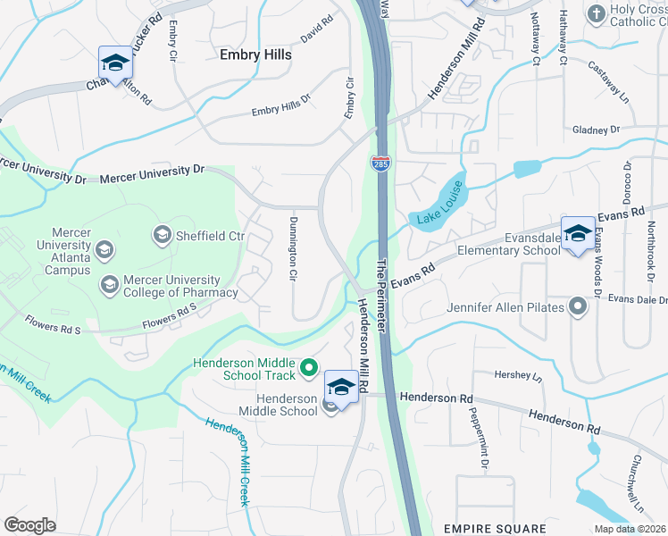 map of restaurants, bars, coffee shops, grocery stores, and more near 2990 Henderson Mill Road in Chamblee