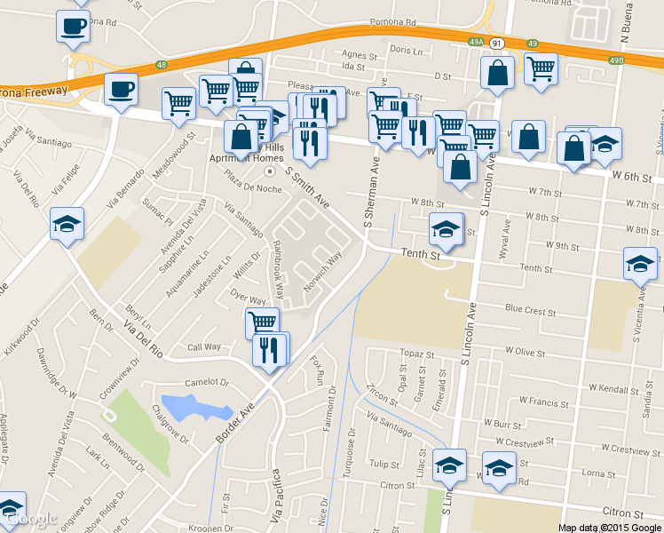 map of restaurants, bars, coffee shops, grocery stores, and more near 1037 Norwich Way in Corona