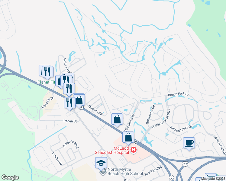 map of restaurants, bars, coffee shops, grocery stores, and more near 2315 Plantation Drive in Little River