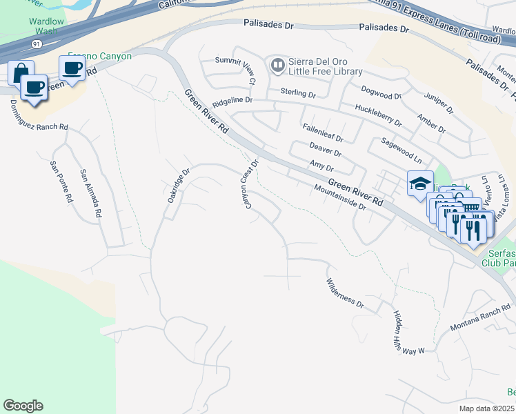 map of restaurants, bars, coffee shops, grocery stores, and more near 1443 Canyon Crest Drive in Corona