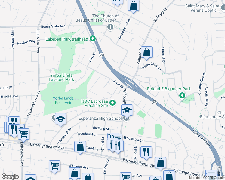 map of restaurants, bars, coffee shops, grocery stores, and more near 6041 Calle Mirador in Yorba Linda