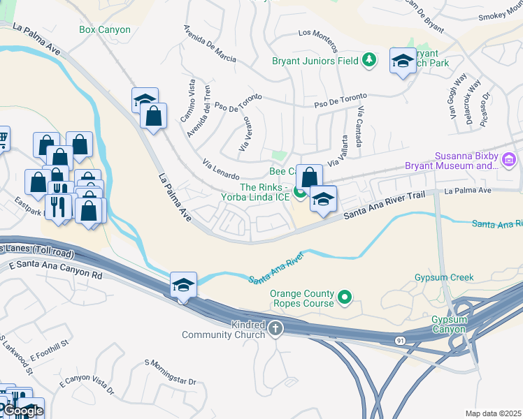 map of restaurants, bars, coffee shops, grocery stores, and more near 5814 Old Village Road in Yorba Linda
