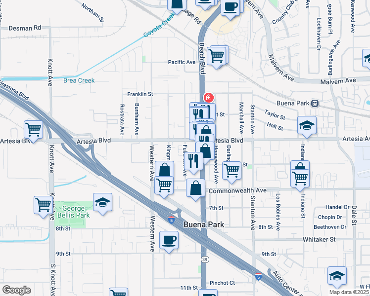 map of restaurants, bars, coffee shops, grocery stores, and more near Fullerton Avenue in Buena Park