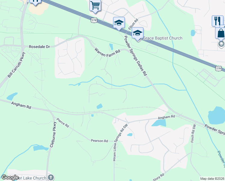 map of restaurants, bars, coffee shops, grocery stores, and more near 3229 Creek Trace East in Hiram