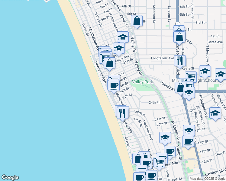 map of restaurants, bars, coffee shops, grocery stores, and more near 2704 Hermosa Avenue in Hermosa Beach