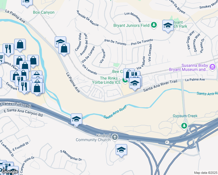 map of restaurants, bars, coffee shops, grocery stores, and more near 5814 Old Village Road in Yorba Linda