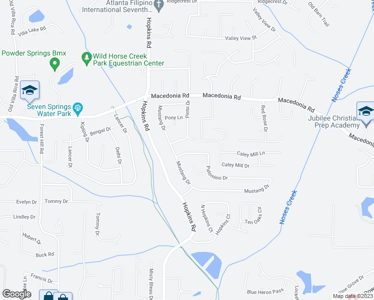 map of restaurants, bars, coffee shops, grocery stores, and more near 3075 Palomino Drive in Powder Springs