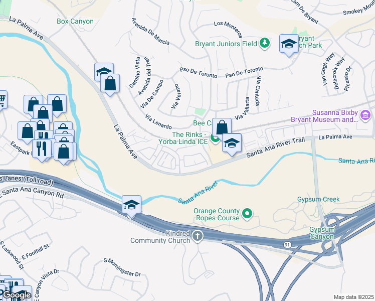 map of restaurants, bars, coffee shops, grocery stores, and more near 5804 Old Village Road in Yorba Linda