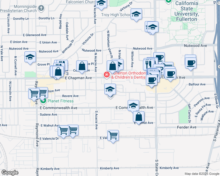 map of restaurants, bars, coffee shops, grocery stores, and more near 1801 East Wilshire Avenue in Fullerton