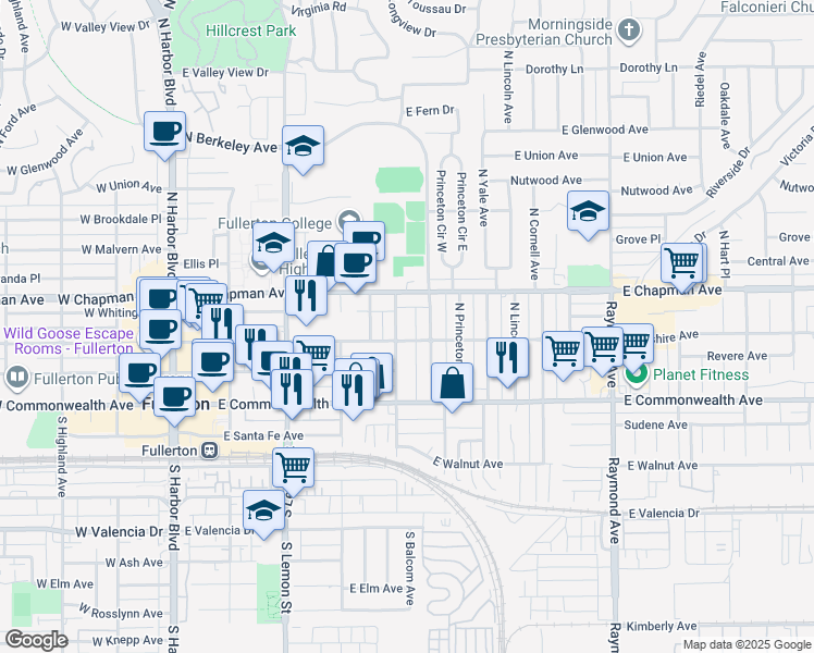 map of restaurants, bars, coffee shops, grocery stores, and more near 316 North Balcom Avenue in Fullerton