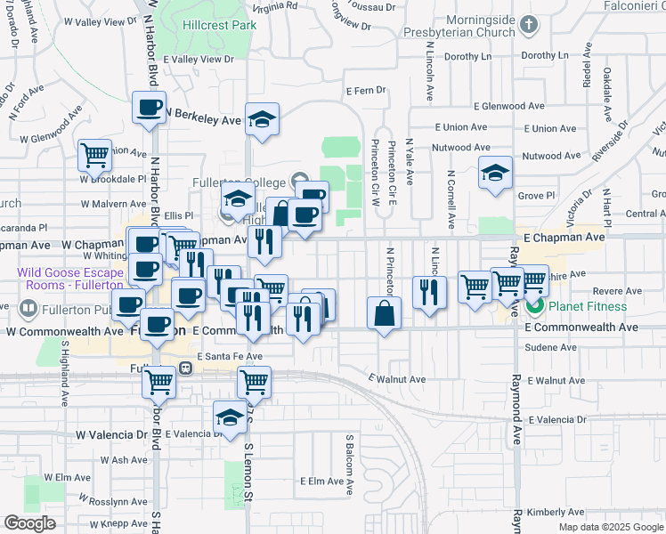 map of restaurants, bars, coffee shops, grocery stores, and more near 314 North Newell Place in Fullerton
