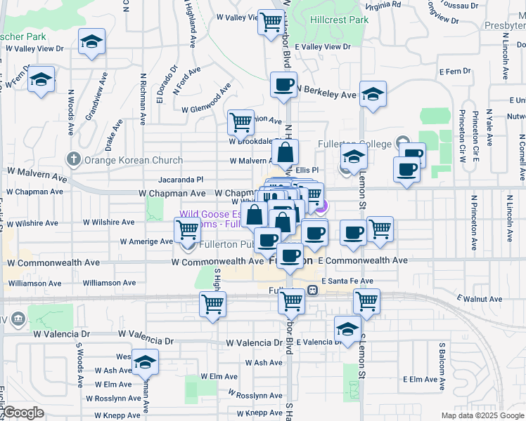 map of restaurants, bars, coffee shops, grocery stores, and more near 126 West Whiting Avenue in Fullerton