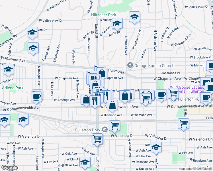 map of restaurants, bars, coffee shops, grocery stores, and more near 312 North Roosevelt Avenue in Fullerton