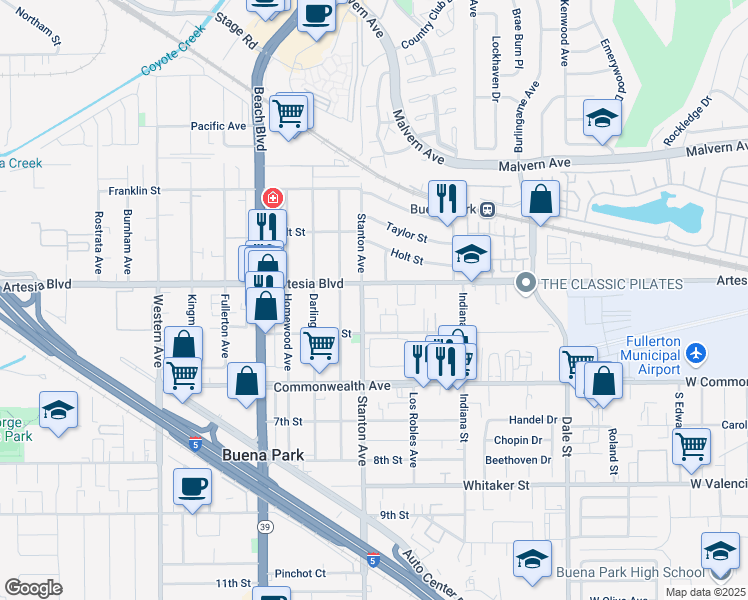 map of restaurants, bars, coffee shops, grocery stores, and more near 8042 Artesia Boulevard in Buena Park