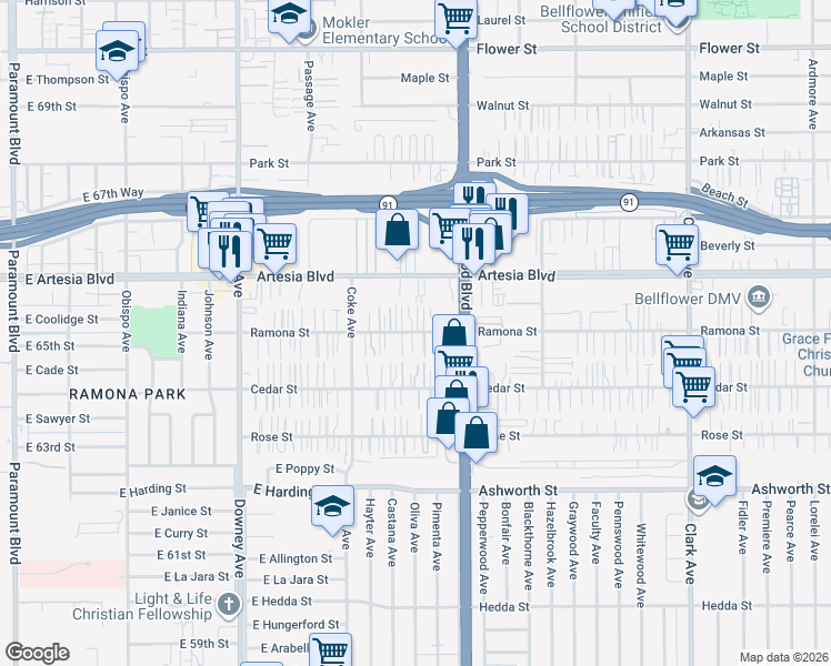map of restaurants, bars, coffee shops, grocery stores, and more near 8801 Ramona Street in Bellflower
