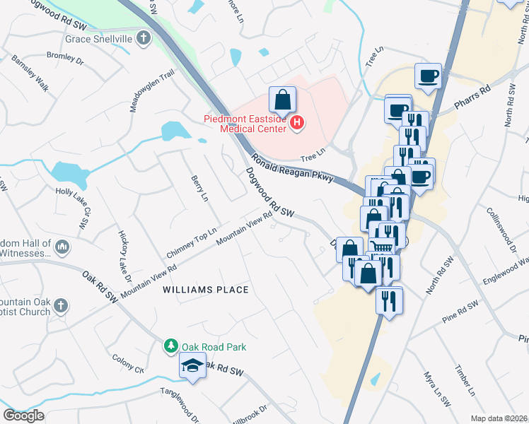 map of restaurants, bars, coffee shops, grocery stores, and more near 2282 Ivy Mountain Drive in Snellville