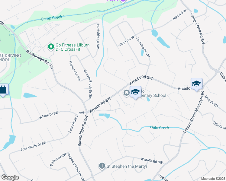 map of restaurants, bars, coffee shops, grocery stores, and more near 195 Cross Creek Drive in Lilburn