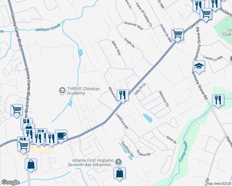 map of restaurants, bars, coffee shops, grocery stores, and more near 213 Triple Oaks Drive in Tucker