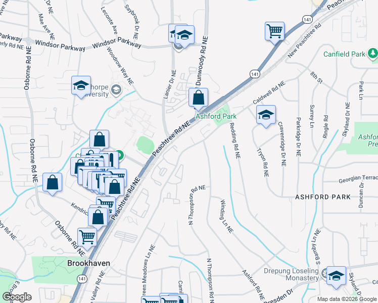 map of restaurants, bars, coffee shops, grocery stores, and more near 2941 Caldwell Road Northeast in Brookhaven