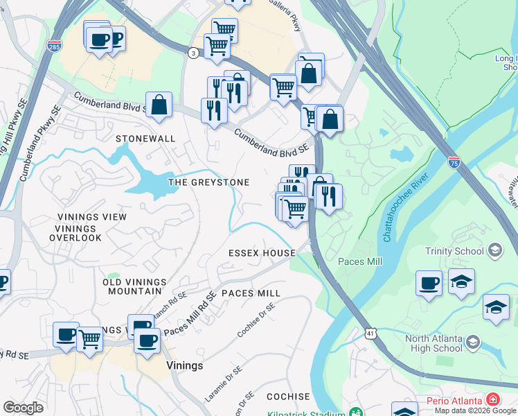 map of restaurants, bars, coffee shops, grocery stores, and more near 3275 Stillhouse Road Southeast in Atlanta