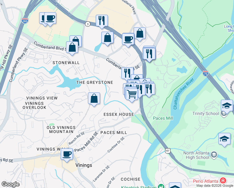 map of restaurants, bars, coffee shops, grocery stores, and more near 3275 Stillhouse Road Southeast in Atlanta