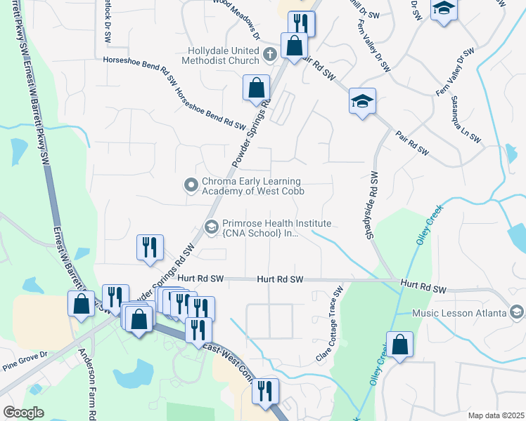 map of restaurants, bars, coffee shops, grocery stores, and more near 3310 Bryan Way Southwest in Marietta