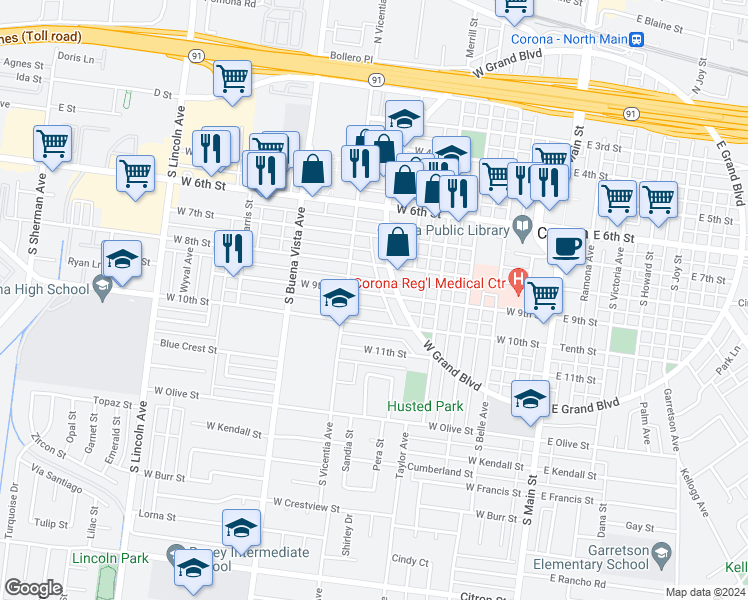 map of restaurants, bars, coffee shops, grocery stores, and more near 624 West 9th Street in Corona