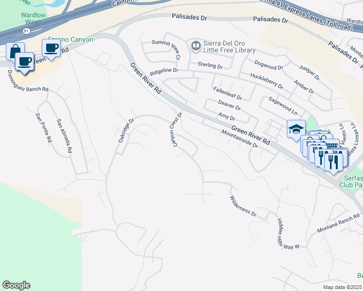 map of restaurants, bars, coffee shops, grocery stores, and more near 1443 Canyon Crest Drive in Corona