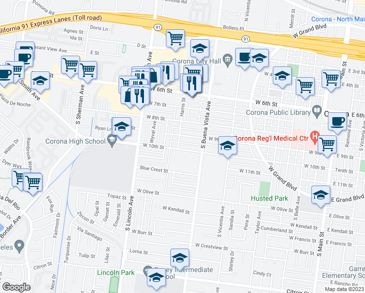 map of restaurants, bars, coffee shops, grocery stores, and more near 941 West 10th Street in Corona