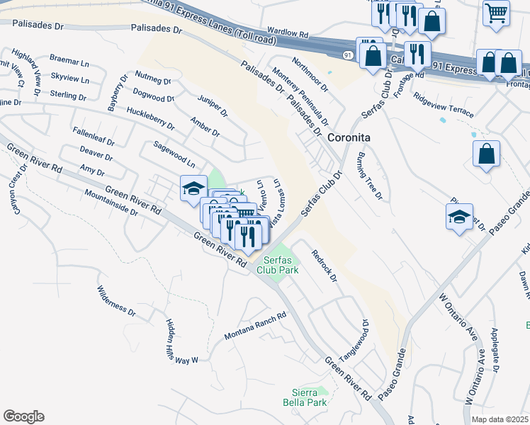 map of restaurants, bars, coffee shops, grocery stores, and more near 1141 Via Viento Lane in Corona