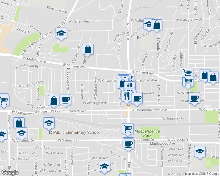 map of restaurants, bars, coffee shops, grocery stores, and more near 308 North Sweet Avenue in Fullerton
