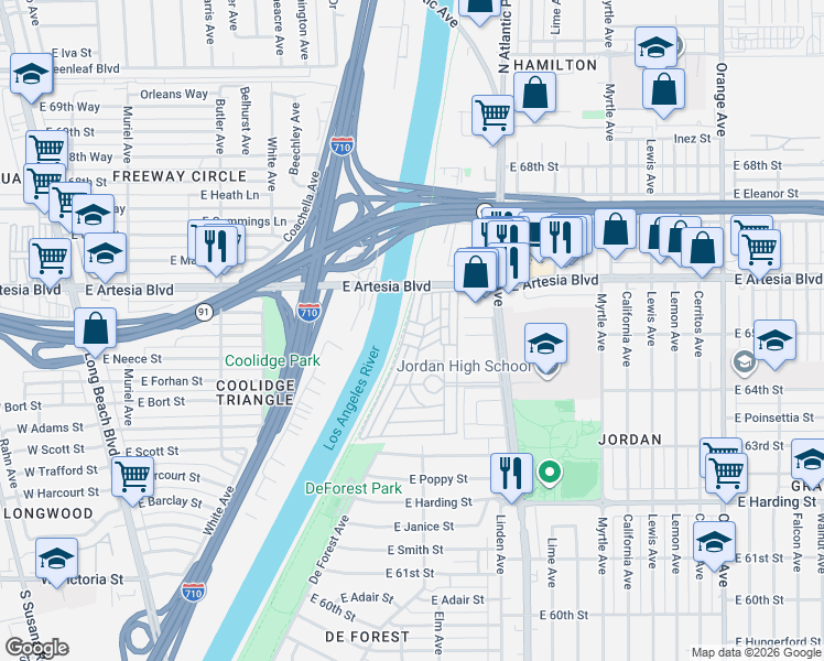 map of restaurants, bars, coffee shops, grocery stores, and more near 157 Tiki Walk in Long Beach