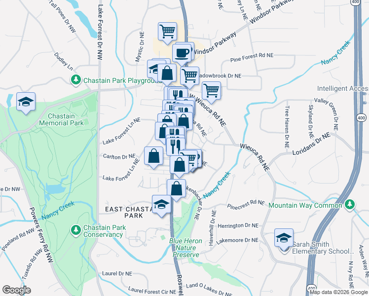 map of restaurants, bars, coffee shops, grocery stores, and more near Midvale Drive Northeast in Atlanta