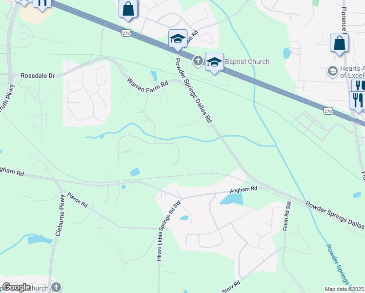 map of restaurants, bars, coffee shops, grocery stores, and more near 3256 Creek Trace East in Hiram