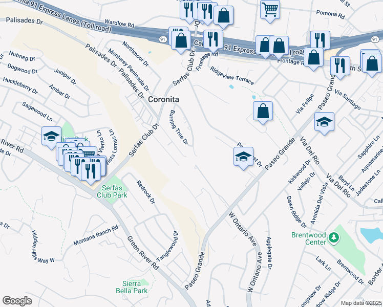 map of restaurants, bars, coffee shops, grocery stores, and more near 2096 Monterey Peninsula Drive in Corona