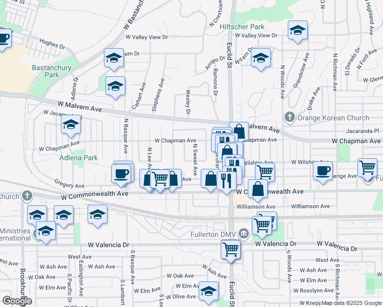 map of restaurants, bars, coffee shops, grocery stores, and more near 309 North Sweet Avenue in Fullerton