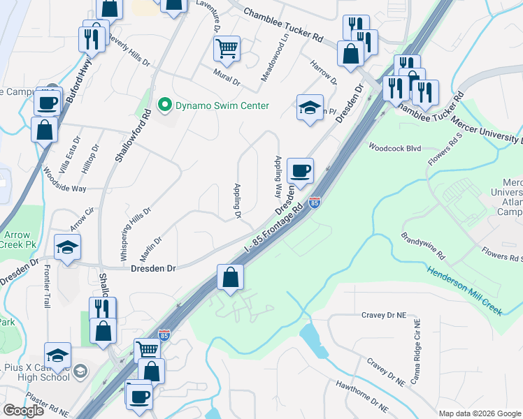 map of restaurants, bars, coffee shops, grocery stores, and more near 2907 Appling Circle in Atlanta