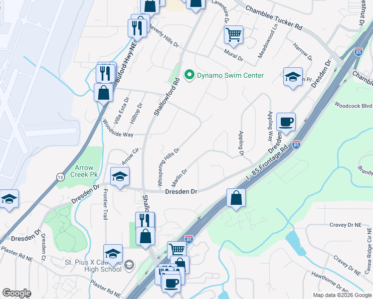 map of restaurants, bars, coffee shops, grocery stores, and more near 2923-2 Whispering Hills Ct in Chamblee