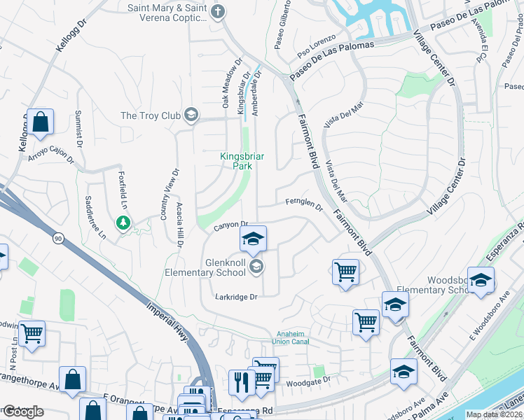 map of restaurants, bars, coffee shops, grocery stores, and more near 6122 Amberdale Drive in Yorba Linda