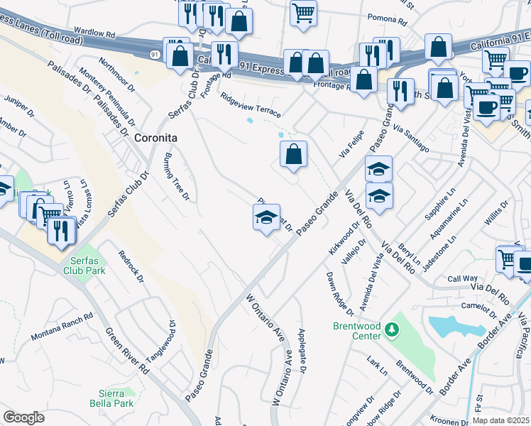 map of restaurants, bars, coffee shops, grocery stores, and more near 1980 Pine Crest Dr in Corona
