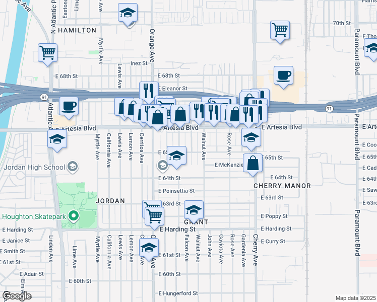 map of restaurants, bars, coffee shops, grocery stores, and more near 6501 Falcon Avenue in Long Beach